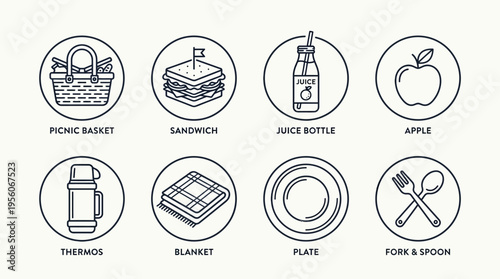Outlined icons of picnic essentials including basket, sandwich, juice bottle, apple, thermos, blanket, plate, and fork & spoon, symbolizing outdoor dining, leisure, and summer gatherings.