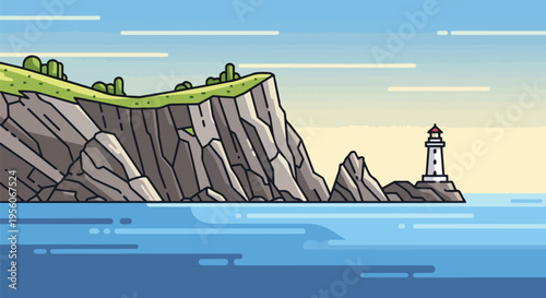 Vector artwork depicting a solitary beacon on craggy rock formations, near rugged sea cliffs topped with green, overlooking a vast calm blue ocean