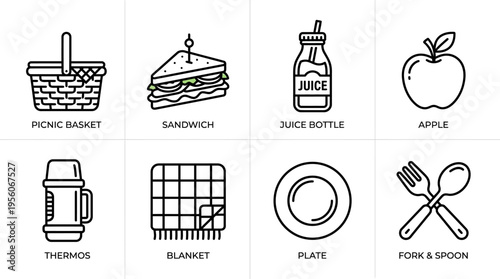Outlined icons of picnic essentials including basket, sandwich, juice bottle, apple, thermos, blanket, plate, and fork & spoon, symbolizing outdoor dining, leisure, and summer gatherings.