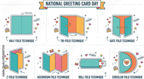 A collection of folding techniques for greeting cards is displayed with directional arrows indicating the proper sequence for half fold, tri-fold, and gate fold methods.
