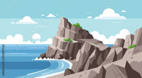Flat design coastal vista featuring majestic jagged cliffs meeting serene ocean waves under a wide, blue, cloudy sky.