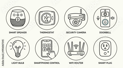 Outlined icons of smart home devices including speaker, thermostat, security camera, doorbell, light bulb, smartphone control, WiFi router, and smart plug, symbolizing connected living and home automa