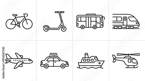 Minimalist transport icons set, clean black-and-white mobility and travel essentials illustration