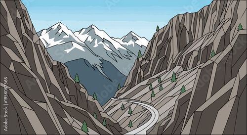 Scenic mountain pass illustration with winding road through rugged peaks and distant snow-capped summits