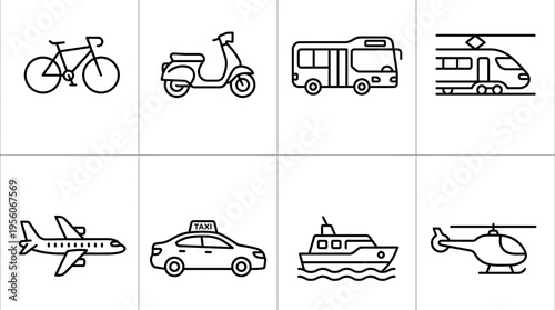 Minimalist transport icons set, clean black-and-white mobility and travel essentials illustration