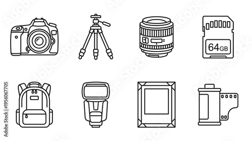 Minimalist photography icons set, clean black-and-white camera gear essentials illustration