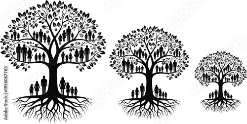Family, tree, silhouette, set, genealogy, heritage, generation, ancestry, roots, leaves, people, parent, children, life, growth, connection, community, vector, illustration, collection.