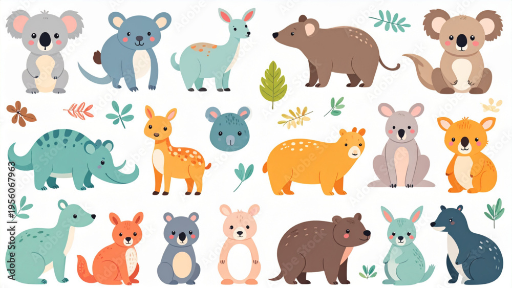 Fototapeta premium Cute Australian Animals Vector Set with Names – Koala, Kangaroo & More