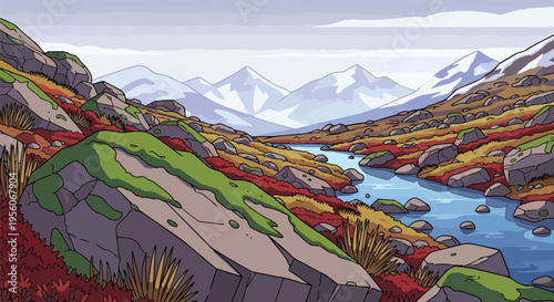 A captivating animated valley landscape with a winding river meandering through vibrant autumnal foliage, flanked by majestic snow-capped mountains