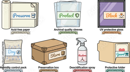 Archival supplies including acid-free paper, protective sleeves, UV glass, and preservation boxes are shown for long-term document storage.