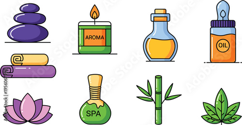 Spa and Aromatherapy Icon Set with Essential Oils, Candle, Bamboo, Lotus Flower, Massage Stones and Wellness Elements for Relaxation, Beauty, and Holistic Care Design