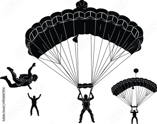 Skydiver, silhouette, set, paragliding, parachute, jumping, extreme, sport, skydiving, outdoor, adventure, flight, air, freedom, flying, hobby, adrenaline, human, falling, isolated.