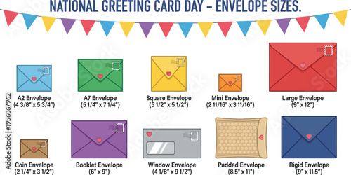 Various standardized North American envelope sizes are displayed with corresponding dimensions above a decorative banner.