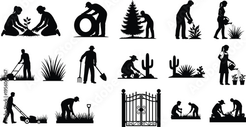 Gardening, silhouette, set, with, people, planting, trees, watering, flowers, mowing, lawn, farming, tools, landscape, maintenance, agriculture, characters, outdoor, work, icons, isolated.