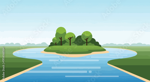 A captivating digital illustration showcasing a serene natural environment featuring a verdant island encircled by a meandering river under a clear,