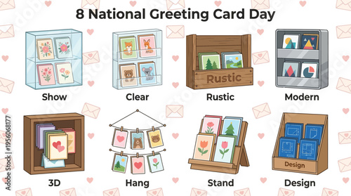 Eight different styles of greeting card display racks are illustrated for National Greeting Card Day.