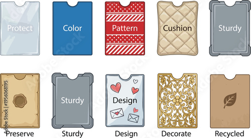 Ten different protective sleeves or holders illustrate various material qualities such as color, pattern, cushioning, sturdiness, and recycled content.