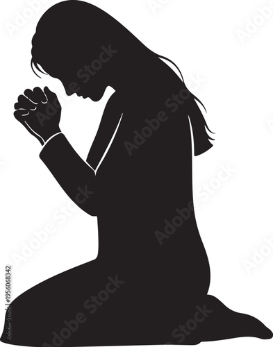 Black silhouette of woman praying on knees vector