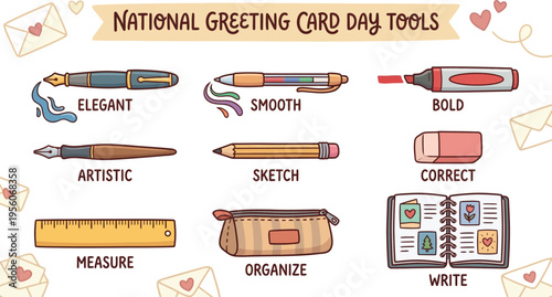 Various writing instruments and stationery supplies are displayed for National Greeting Card Day tools.