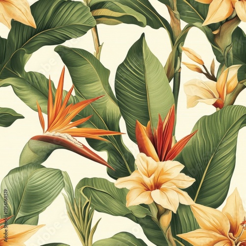A vintage tropical floral design with bird of paradise flowers and banana leaves, warm and nostalgic