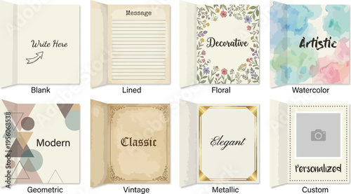 Various greeting card templates and design options are displayed in an open booklet format on a white background.