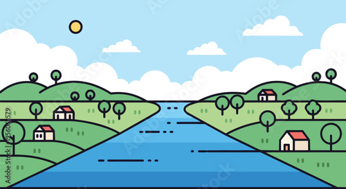 A serene minimalist vector landscape illustrating a winding blue river through vibrant green hills featuring quaint dwellings beneath a clear sunny