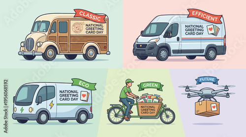 A collection of five delivery vehicles, including vintage vans, modern cargo vans, an electric truck, a cargo bicycle, and a delivery drone, represent different shipping methods.