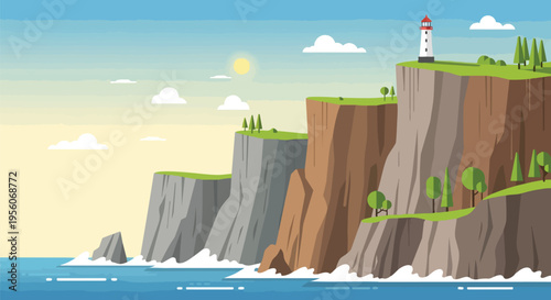 Majestic coastal landscape with a solitary lighthouse guiding ships across the tranquil ocean waters beneath a vibrant sky