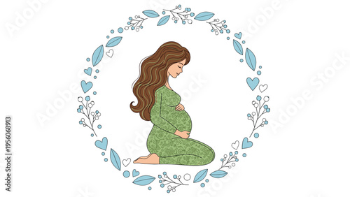 Graceful illustration of a pregnant woman in a floral dress kneeling within a wreath of blue hearts and leaves.