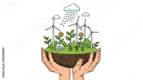 Sustainable living concept showing hands cupping a healthy green ecosystem with wind turbines, solar panels, and a house.