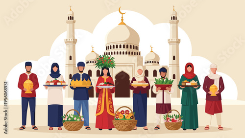 Diverse group of people in traditional dress carrying gifts and offerings in front of a majestic mosque silhouette.