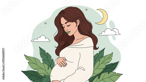 Peaceful portrait of a pregnant woman in a white dress standing calmly in front of large green leaves and a night sky.
