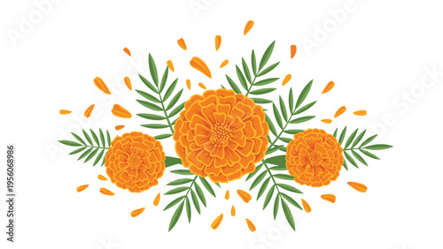 Vibrant floral composition featuring bright orange marigold flowers and green leaves with falling petals on a white background.