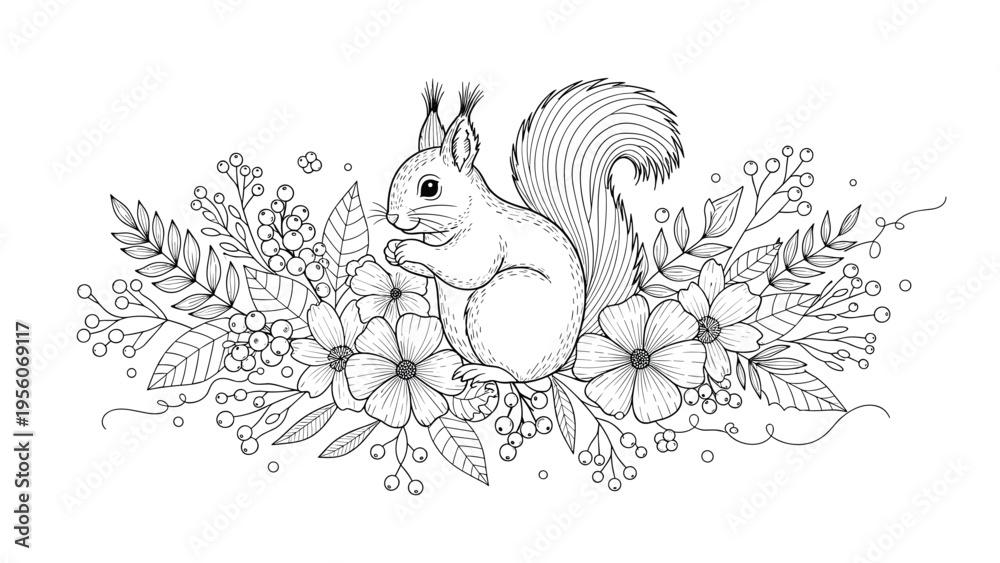 Fototapeta premium Beautiful black and white line drawing of a cute squirrel sitting among a lush arrangement of garden flowers and leaves.