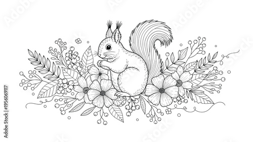 Beautiful black and white line drawing of a cute squirrel sitting among a lush arrangement of garden flowers and leaves.