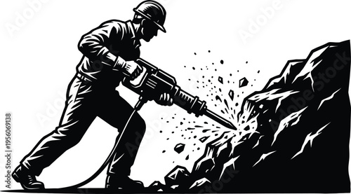 Construction worker using jackhammer to break rocks at building site professional industrial builder male character manual labor heavy machinery vector illustration