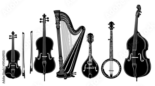 Various musical instruments in a vector graphic illustration