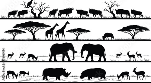 African safari wildlife silhouette banners featuring wildebeest, giraffes, elephants, rhinos and antelope with trees in savanna landscape vector illustration set