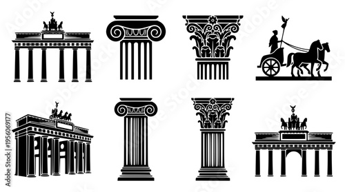 Black and white vector illustrations of ancient architecture elements