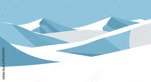 A captivating minimalist winter landscape featuring abstract snow-covered peaks under a tranquil cool blue sky artistic illustration portraying