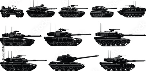 Collection of military tank and armored vehicle silhouettes including combat trucks artillery units isolated on white background for defense themes