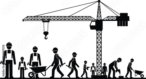 Construction site silhouettes collection set with tower crane and professional builders using wheelbarrows hammers and tools for industrial urban development building vector