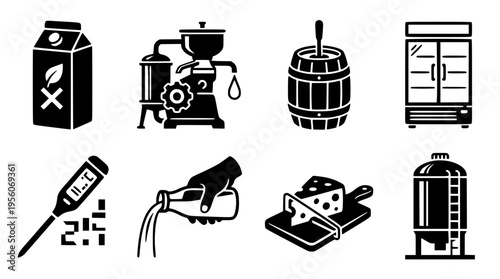 Vector graphic illustration of dairy and cheese production tools