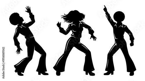Silhouette illustration of people dancing in retro style clothing