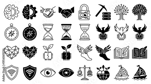 Black and white vector icons for business and technology concepts