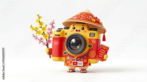 Cute Chibi Vietnam Travel Camera Mascot 3D Illustration for Asian Lunar New Year 2027, pure white background