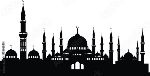 Islamic mosque silhouette skyline with domes and minarets detailed architecture isolated on white background religious vector illustration design