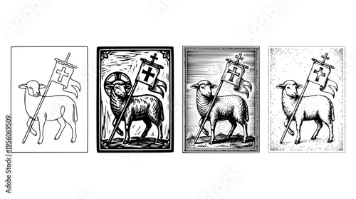 Vector illustrations of lambs holding crosses in various designs