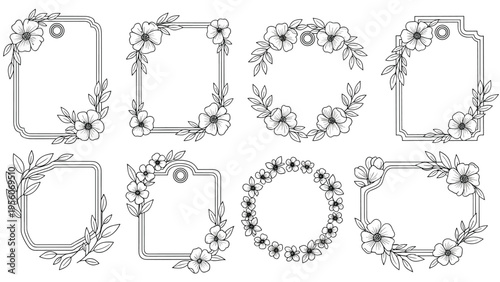 Elegant black and white floral frames and tags decorated with hand-drawn flowers and leaves in a delicate style.