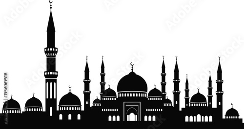 Islamic mosque silhouette with large central dome and multiple minarets detailed architecture isolated on white background vector illustration